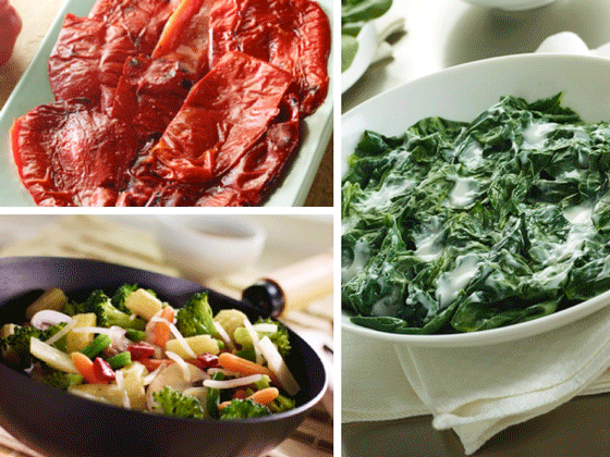 Tres platos ultrarrápidos: espinacas en hoja, wok tropical y pimiento rojo a la parrilla