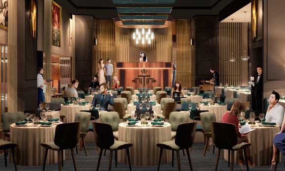 El elegante comedor principal de Tatel Miami, en una infografía del Studio Gronda