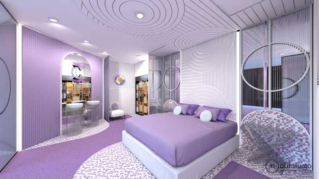 Profesionalhoreca. habitación de hotel com revestimientos murales 3D de Orac Decor en Interihotel BCN 2019