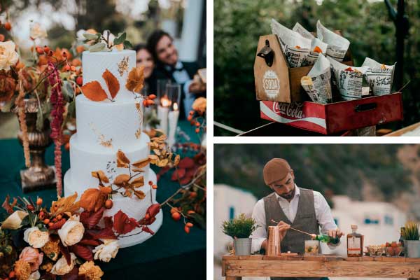 Profesionalhoreca, tarta de bodas, un rincón de snack y costelero en una boda al aire libre, tendencias en bodas