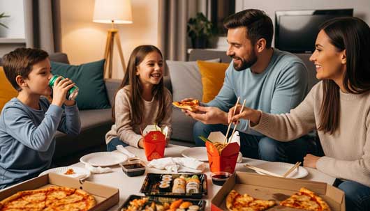 Profesional Horeca, familia comiendo comida a domicilio, restauración en Europa