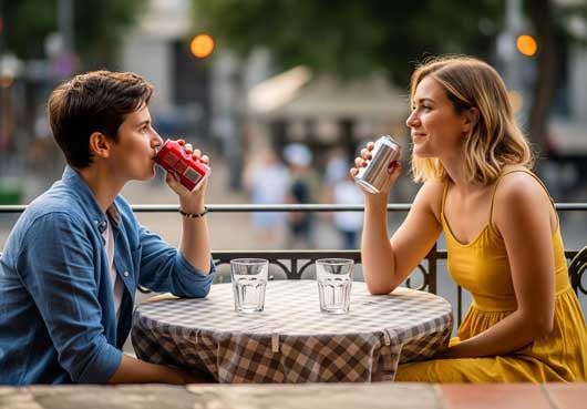 Profesional Horeca, bebiendo latas de refresco en una terraza