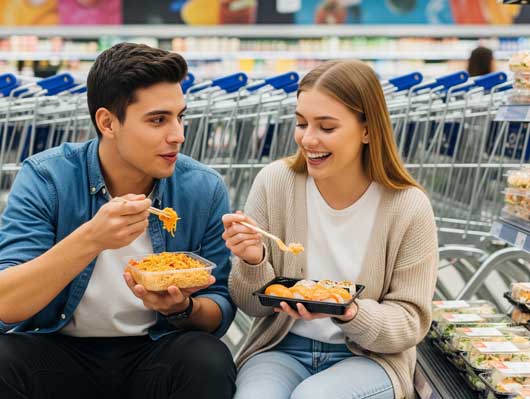 Profesional Horeca, jóvenes comiendo platos preparados dentro de un supermercado