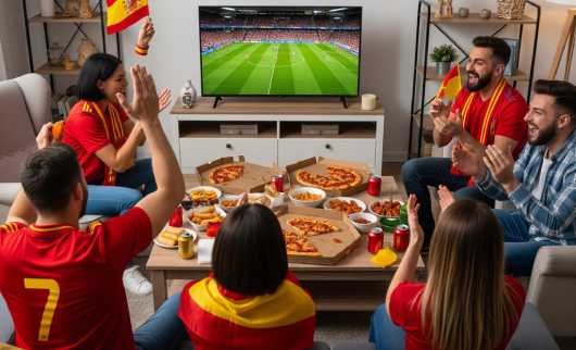 Profesional Horeca, grupo de amigos animando a la selección de fútbol en casa y consumiendo pizzas y delivery