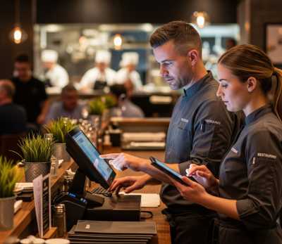 Profsional Horeca, hosteleros con TPV y tablet en restaurante, digitalización de la hostelería