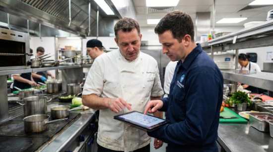 Profesional Horeca, chef con panlalla en la cocina de un restaurante, prevención de riesgos laborales en hostelería