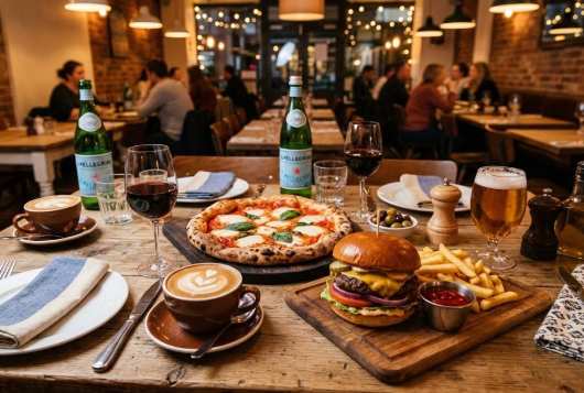 Profesional Horeca, pizza, café y hamburguesa en un restaurante